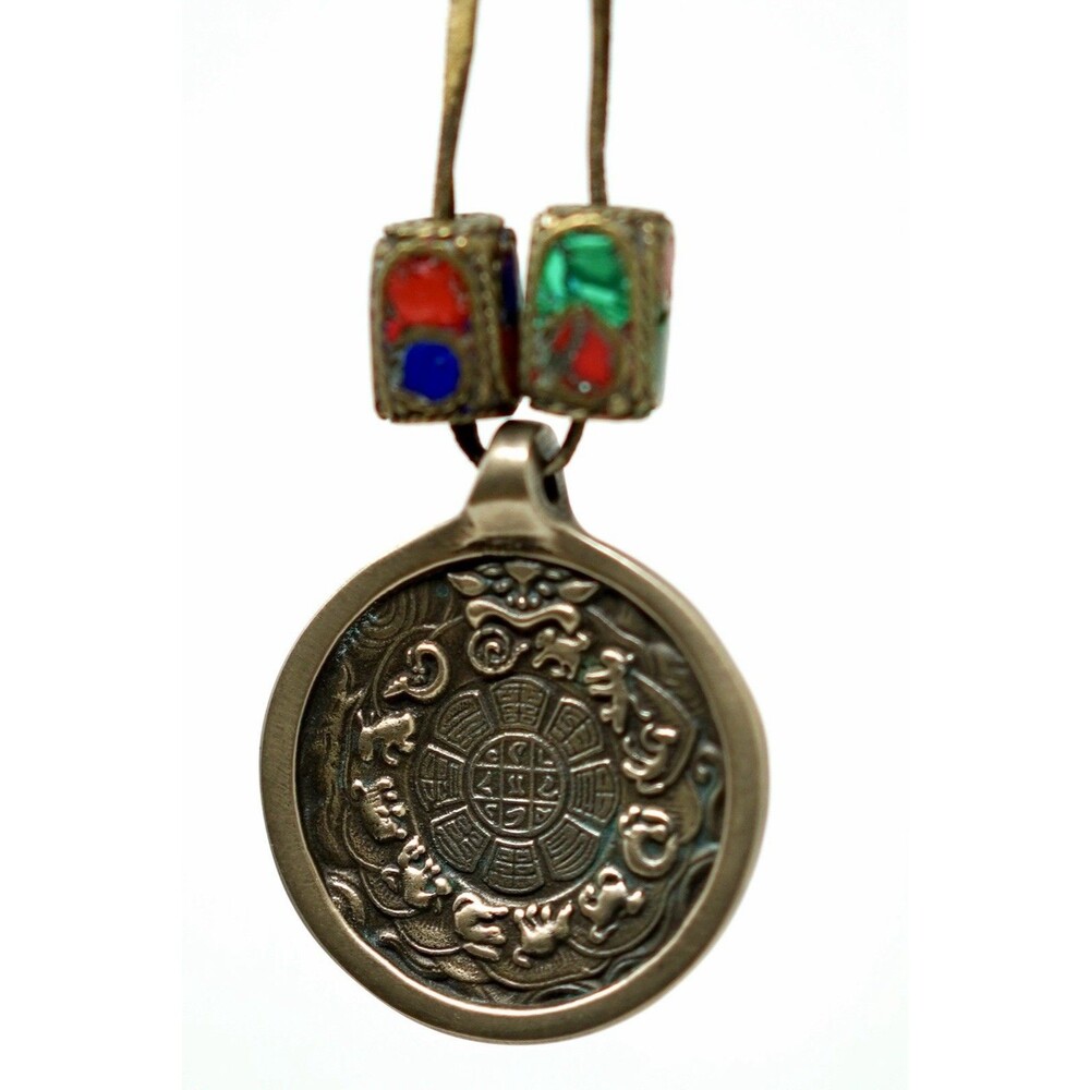Vintage Buddhist Pendant Medallion 55mm on Leather Cord w/ Enamel Beads